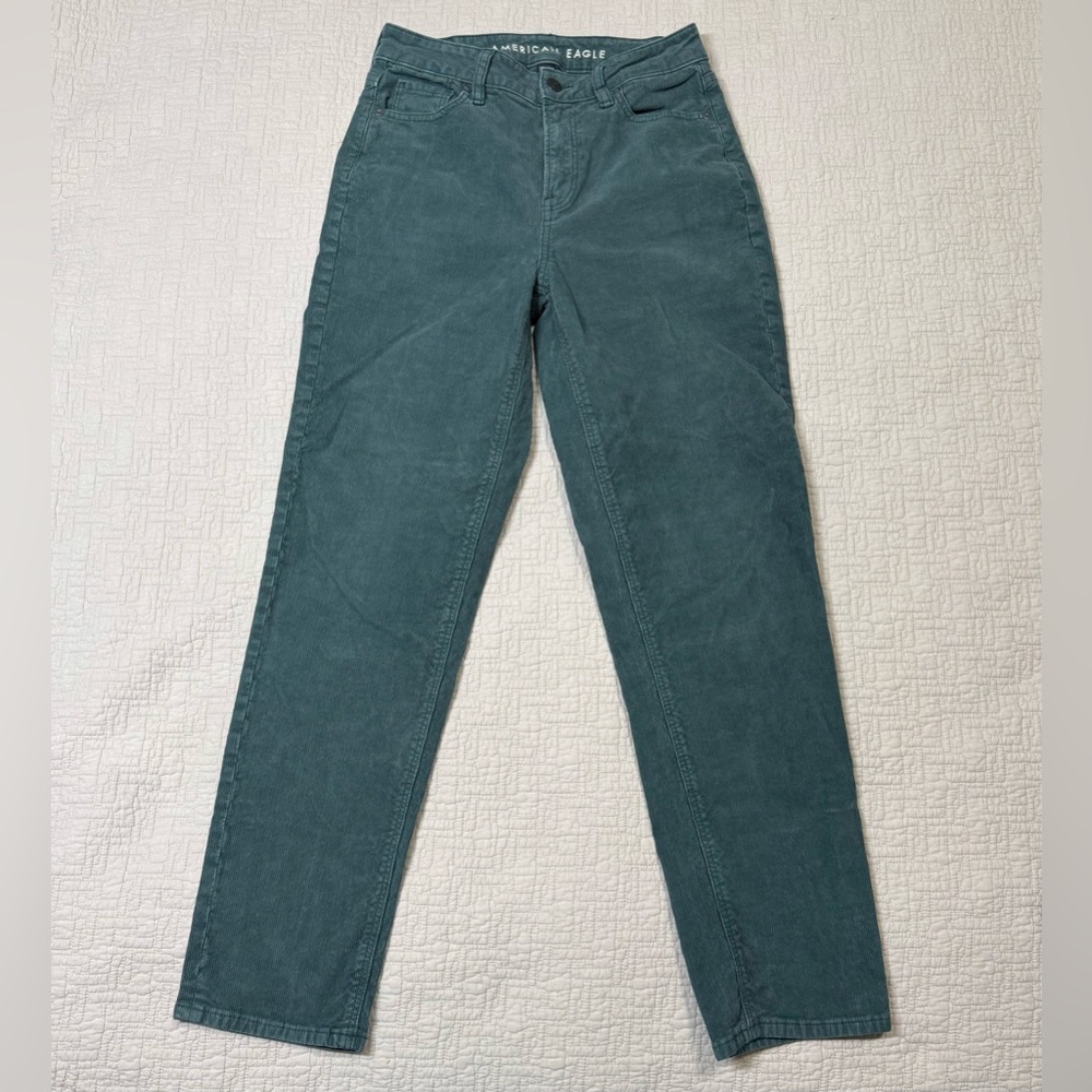 American Eagle Mom Straight Jean Green Corduroy Ankle Pants Stretch Size 0 Reg
